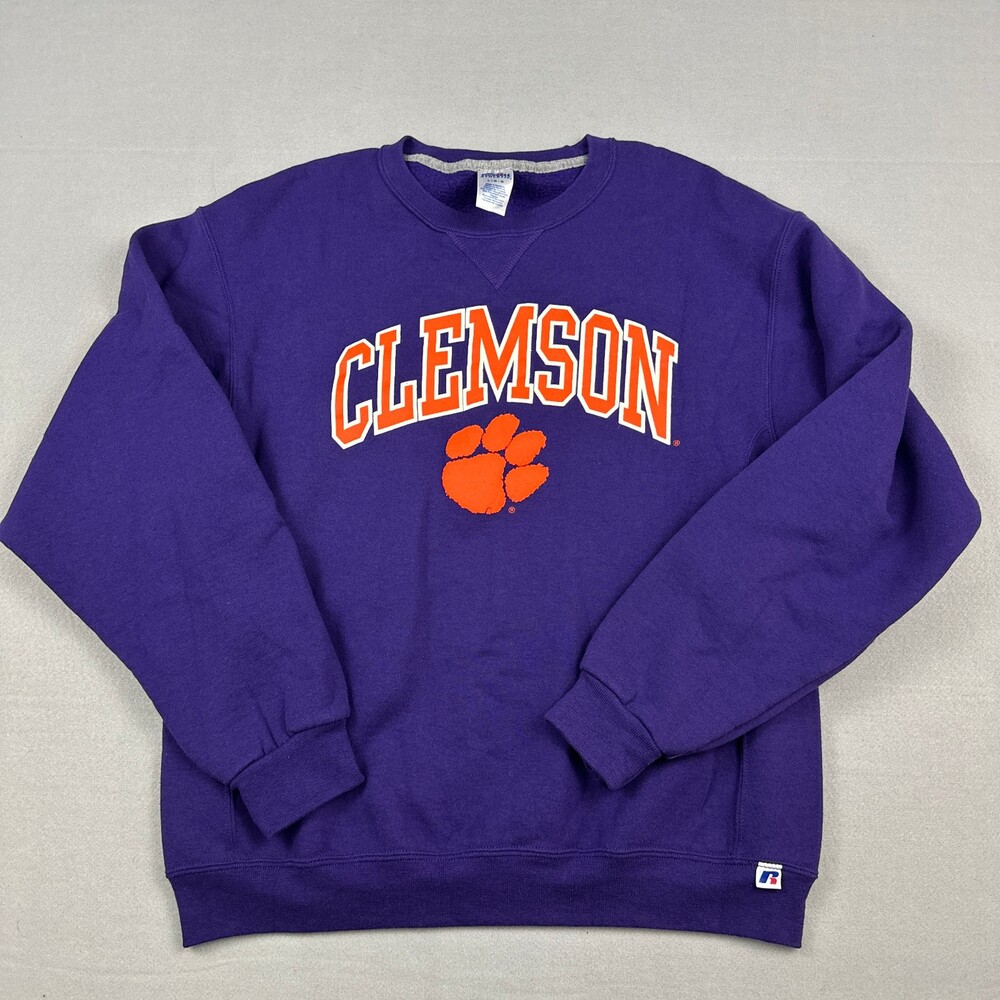 Clemson Tigers Sweatshirt Men Large Purple Russell Crewneck Paw Logo NCAA L